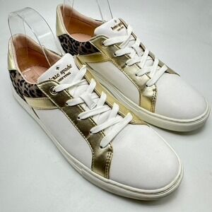 Kate Spade Dash Leopard Print Sneakers White Gold Accent Sz 9.5B Leather